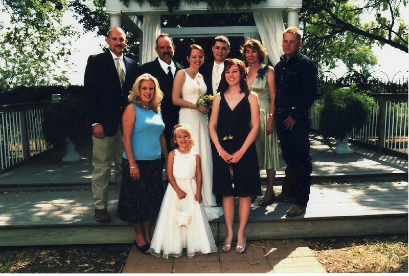 Michelle wedding.jpg - from the left: Mathew Scott Turner, Michelle's older brother Shelly Close Turner, Matthew's second wife Donald Dale Turner, Michelle's father, my youngest brother Chyanne Doris Turner, young girl in front, Mathew's daughter from first marriage Michelle Charlotte Turner Bump, Bride Shane Travis Bump, Groom Sara Lee Turner, Michelle's younger sister Robbie L. Garnette Turner, Michelle's mother William Christopher Turner, Michelle's younger brother